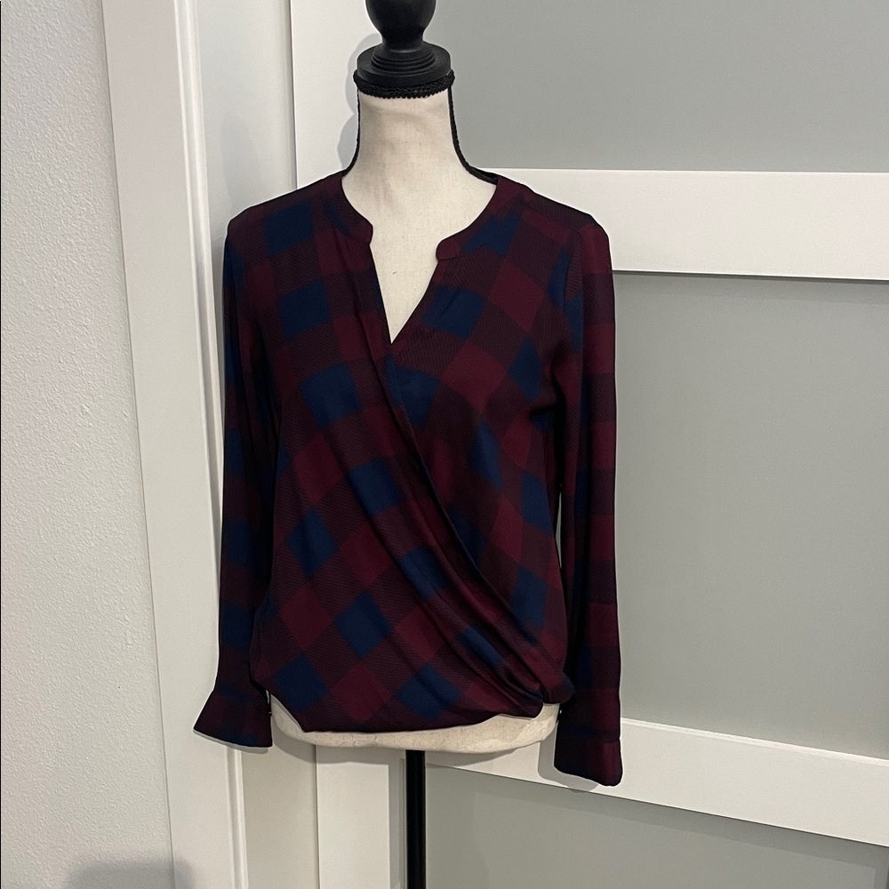 Ann Taylor Checkered Wrap Blouse in Burgundy and Navy